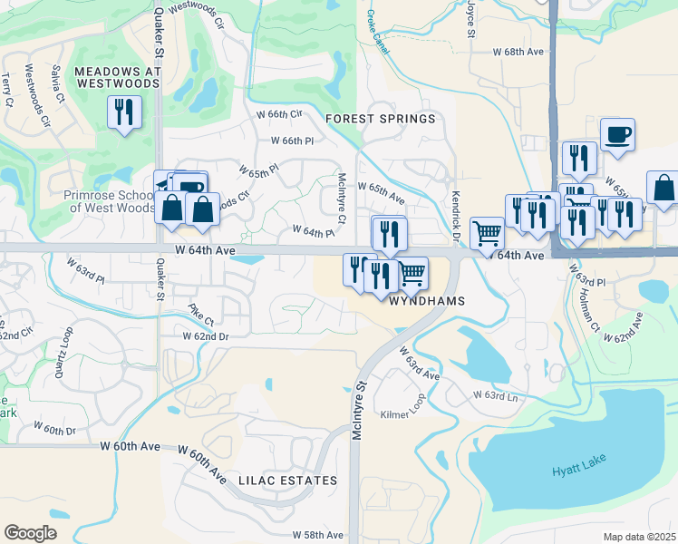 map of restaurants, bars, coffee shops, grocery stores, and more near 6321 McIntyre Way in Arvada