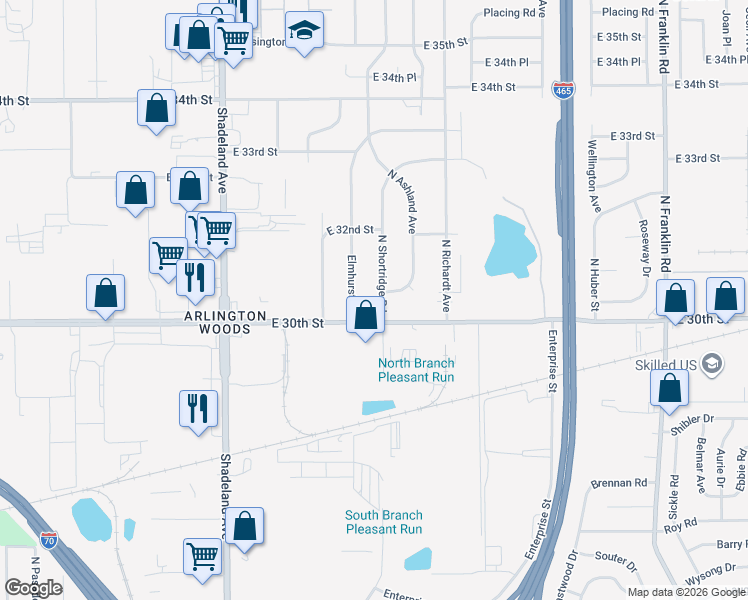 map of restaurants, bars, coffee shops, grocery stores, and more near 7302 30th Street in Indianapolis