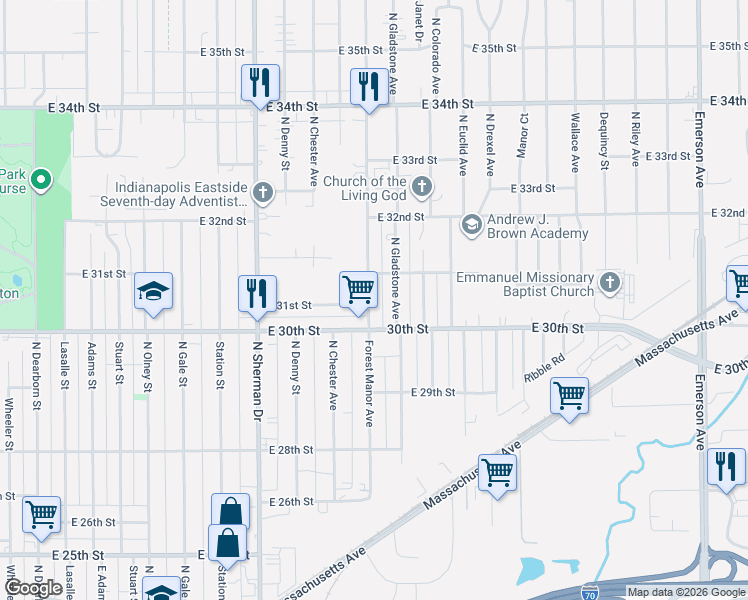 map of restaurants, bars, coffee shops, grocery stores, and more near 3018 North Gladstone Avenue in Indianapolis