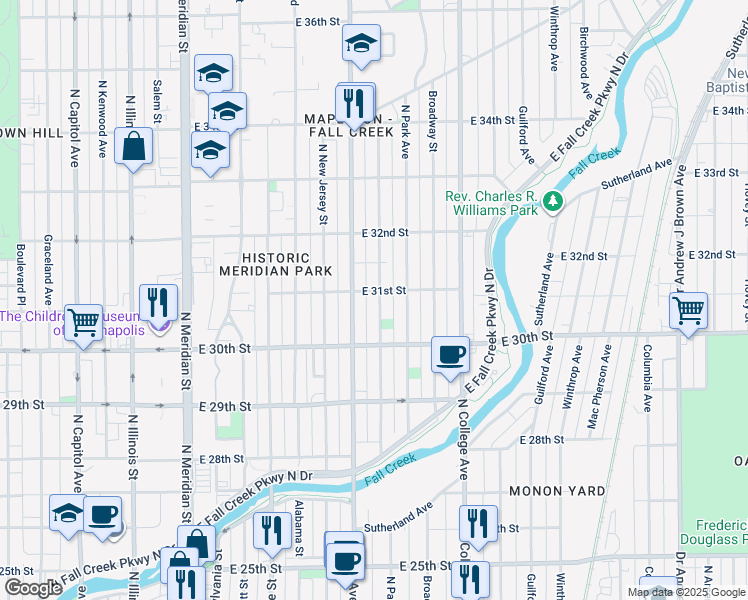 map of restaurants, bars, coffee shops, grocery stores, and more near 3041 Ruckle Street in Indianapolis