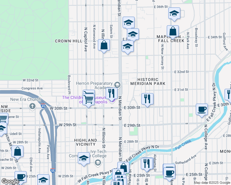 map of restaurants, bars, coffee shops, grocery stores, and more near 3050 North Meridian Street in Indianapolis