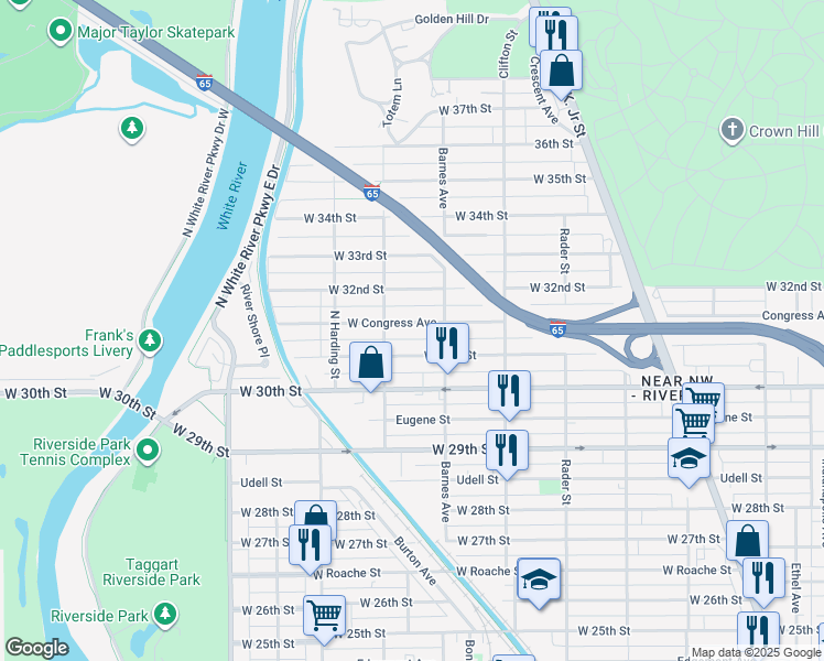 map of restaurants, bars, coffee shops, grocery stores, and more near 1228 West 31st Street in Indianapolis