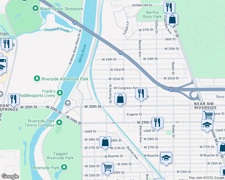 map of restaurants, bars, coffee shops, grocery stores, and more near 3125 North Harding Street in Indianapolis