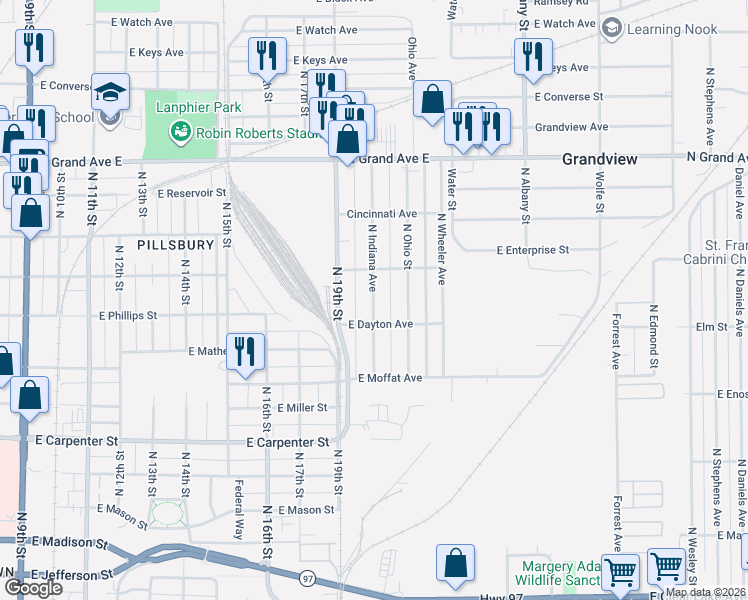 map of restaurants, bars, coffee shops, grocery stores, and more near 900-998 North Indiana Avenue in Springfield