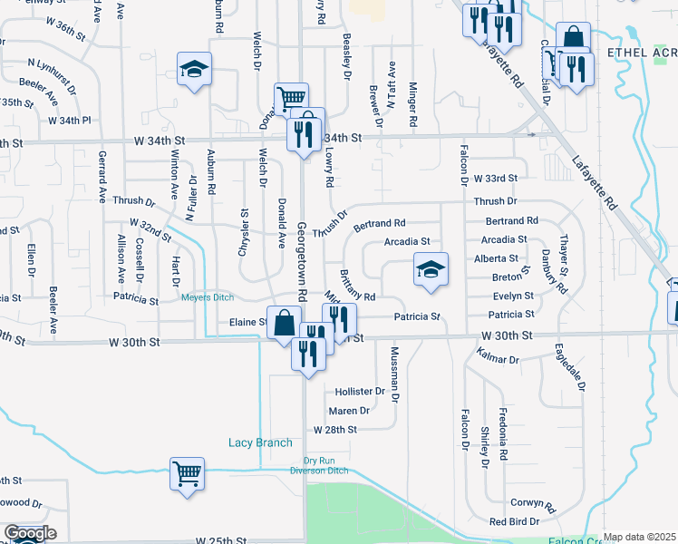 map of restaurants, bars, coffee shops, grocery stores, and more near 4601 Brittany Road in Indianapolis