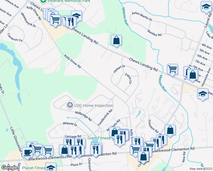 map of restaurants, bars, coffee shops, grocery stores, and more near 133 Kelly Driver Road in Clementon