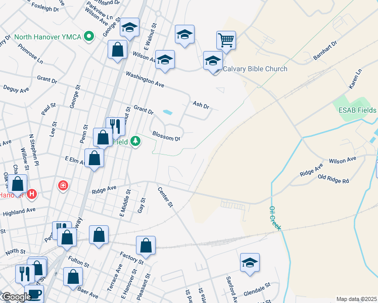 map of restaurants, bars, coffee shops, grocery stores, and more near 642 Cypress Drive in Hanover