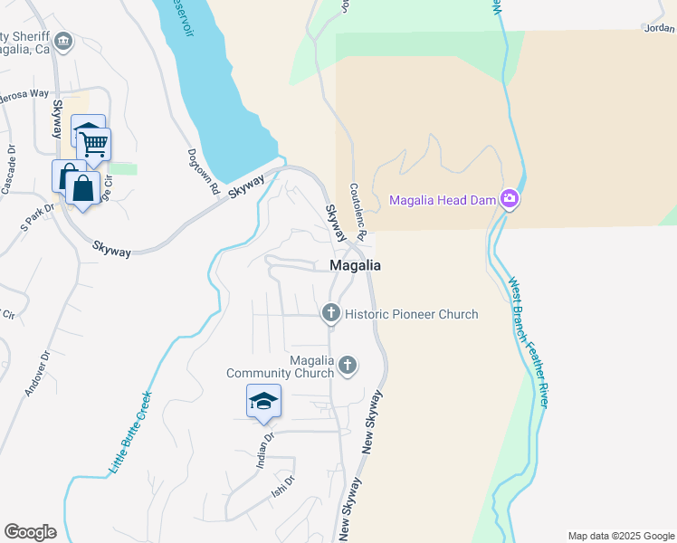 map of restaurants, bars, coffee shops, grocery stores, and more near Skyway Road & Sugar Pine Drive in Magalia