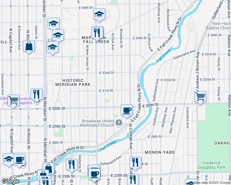 map of restaurants, bars, coffee shops, grocery stores, and more near 3053 North Park Avenue in Indianapolis