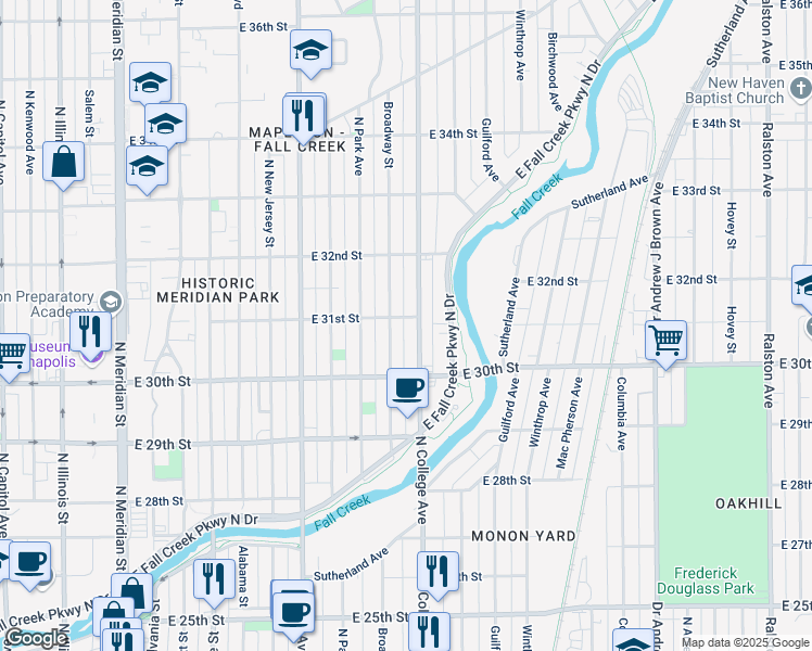 map of restaurants, bars, coffee shops, grocery stores, and more near 3032 North College Avenue in Indianapolis