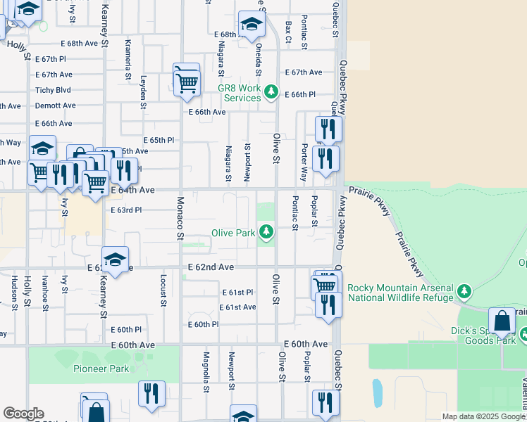 map of restaurants, bars, coffee shops, grocery stores, and more near 6330 Oneida Street in Commerce City