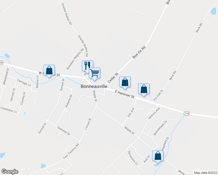 map of restaurants, bars, coffee shops, grocery stores, and more near 19 East Hanover Street in Gettysburg