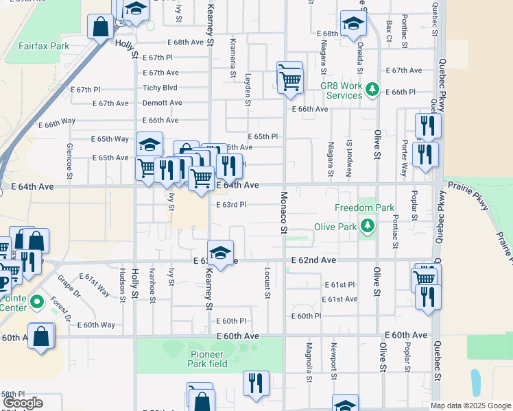 map of restaurants, bars, coffee shops, grocery stores, and more near 6360 East 63rd Place in Commerce City