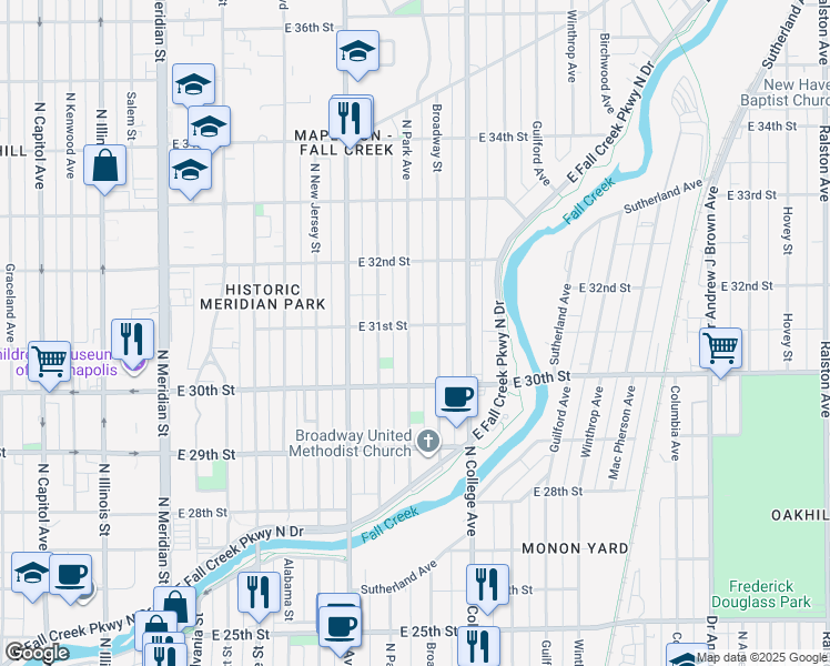 map of restaurants, bars, coffee shops, grocery stores, and more near 3053 North Park Avenue in Indianapolis