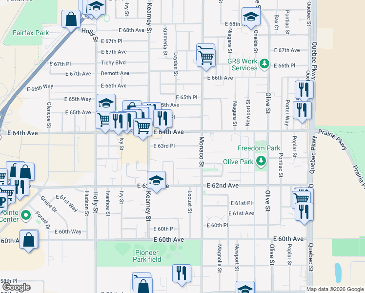 map of restaurants, bars, coffee shops, grocery stores, and more near 6360 East 63rd Place in Commerce City