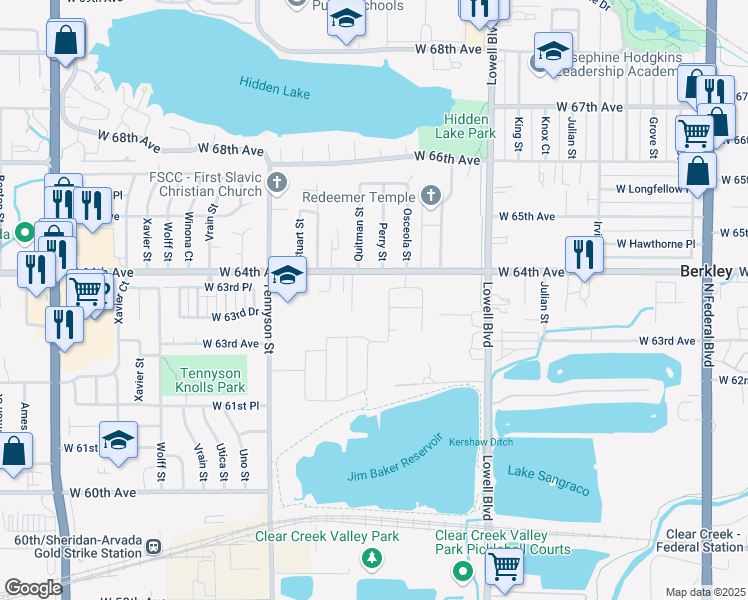 map of restaurants, bars, coffee shops, grocery stores, and more near 6281 Osceola Way in Arvada