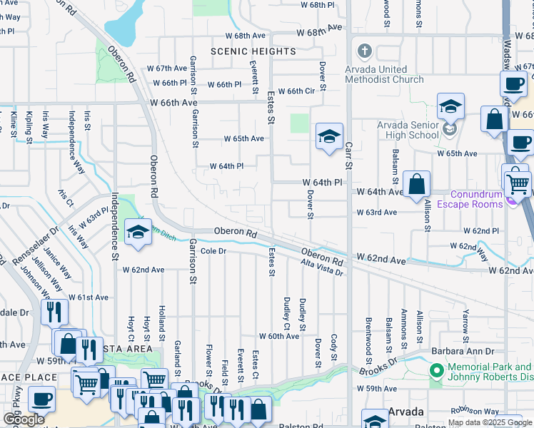 map of restaurants, bars, coffee shops, grocery stores, and more near 6237 Estes Street in Arvada