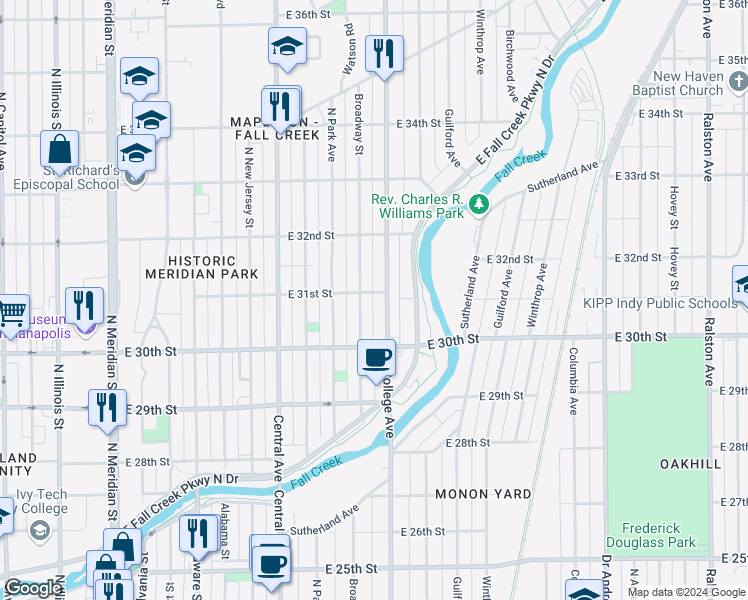 map of restaurants, bars, coffee shops, grocery stores, and more near 3032 North College Avenue in Indianapolis