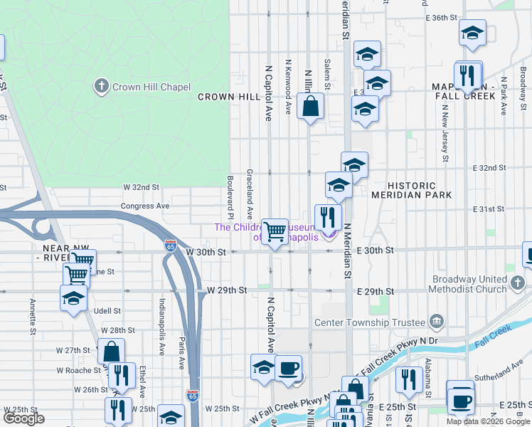 map of restaurants, bars, coffee shops, grocery stores, and more near 3047 North Capitol Avenue in Indianapolis