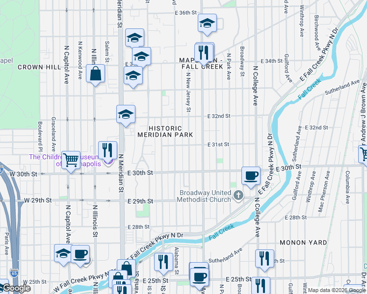 map of restaurants, bars, coffee shops, grocery stores, and more near 3042 North New Jersey Street in Indianapolis