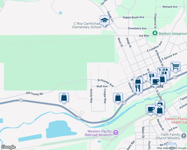 map of restaurants, bars, coffee shops, grocery stores, and more near 910 W Plumas Ave in Portola