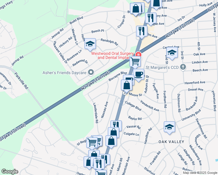 map of restaurants, bars, coffee shops, grocery stores, and more near 12 Riviera Drive in Woodbury