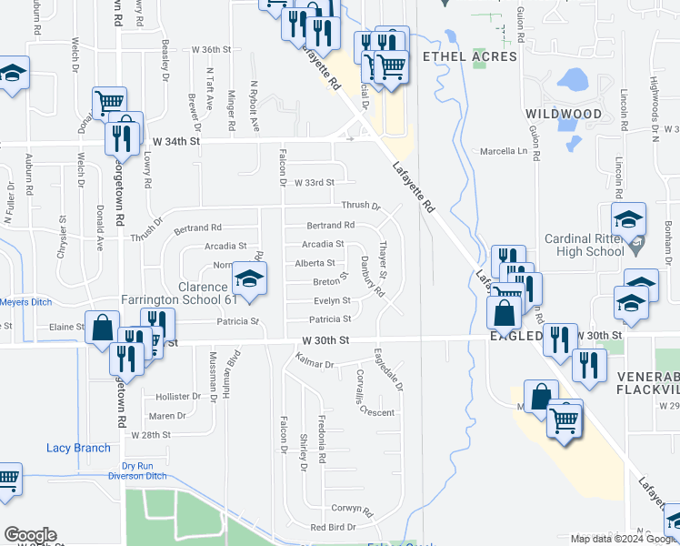 map of restaurants, bars, coffee shops, grocery stores, and more near 4038 Breton Street in Indianapolis