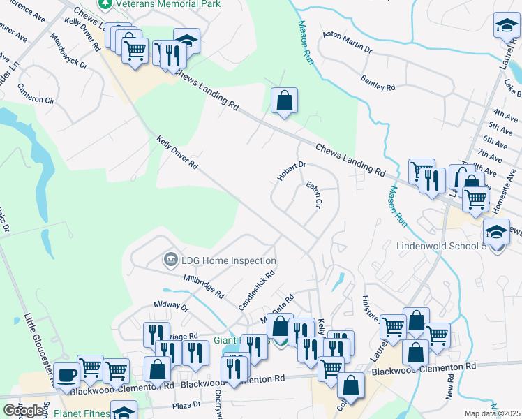 map of restaurants, bars, coffee shops, grocery stores, and more near 133 Kelly Driver Road in Clementon