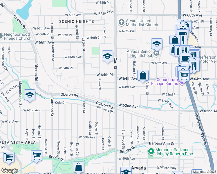 map of restaurants, bars, coffee shops, grocery stores, and more near 8487 West 62nd Place in Arvada