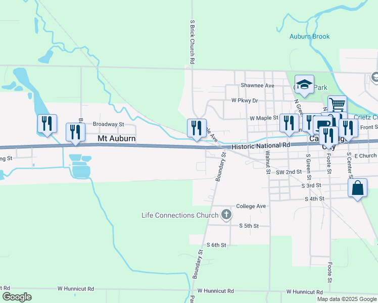 map of restaurants, bars, coffee shops, grocery stores, and more near 800 West National Road in Cambridge City