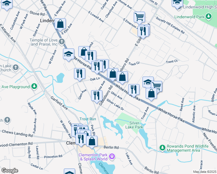 map of restaurants, bars, coffee shops, grocery stores, and more near 247 Gibbsboro Road in Clementon