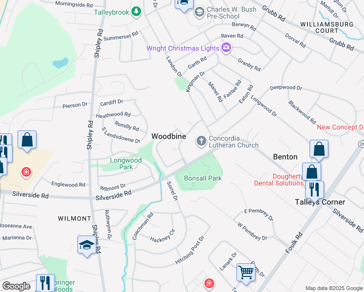 map of restaurants, bars, coffee shops, grocery stores, and more near 2404 Greendale Road in Wilmington