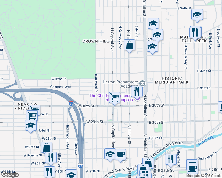 map of restaurants, bars, coffee shops, grocery stores, and more near 3047 North Capitol Avenue in Indianapolis