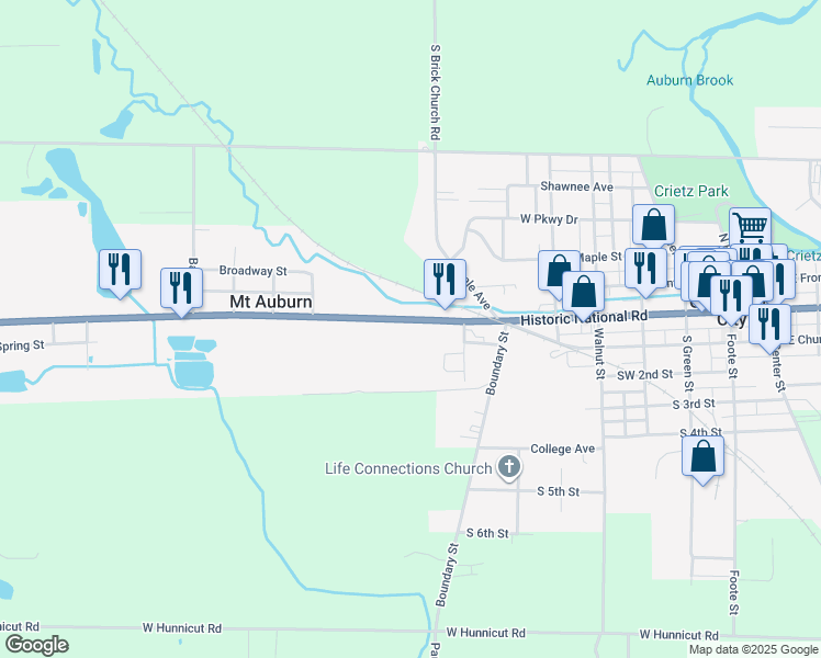 map of restaurants, bars, coffee shops, grocery stores, and more near 800 West National Road in Cambridge City