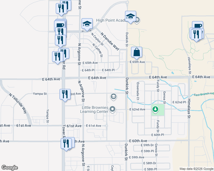 map of restaurants, bars, coffee shops, grocery stores, and more near 18631-18905 East 64th Avenue in Denver