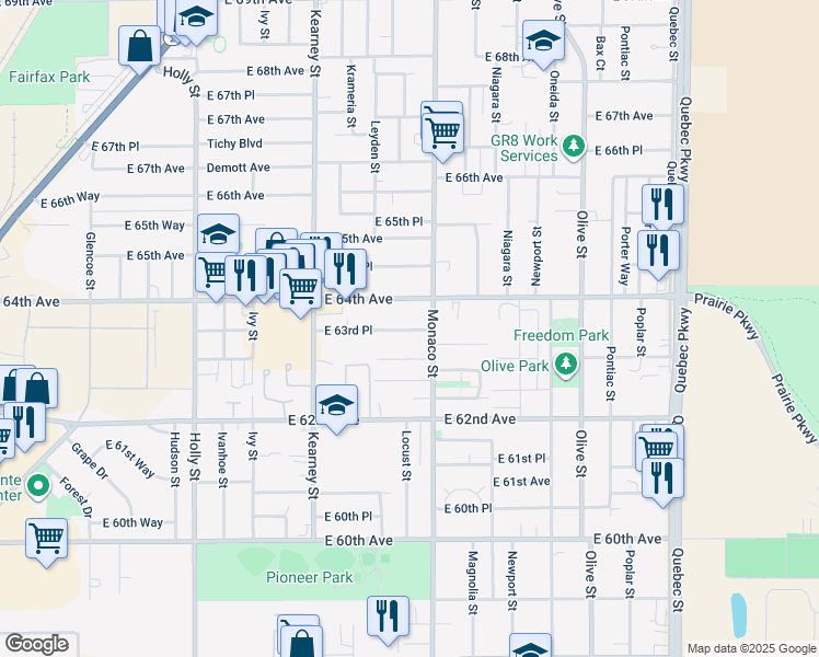 map of restaurants, bars, coffee shops, grocery stores, and more near 6360 East 63rd Place in Commerce City