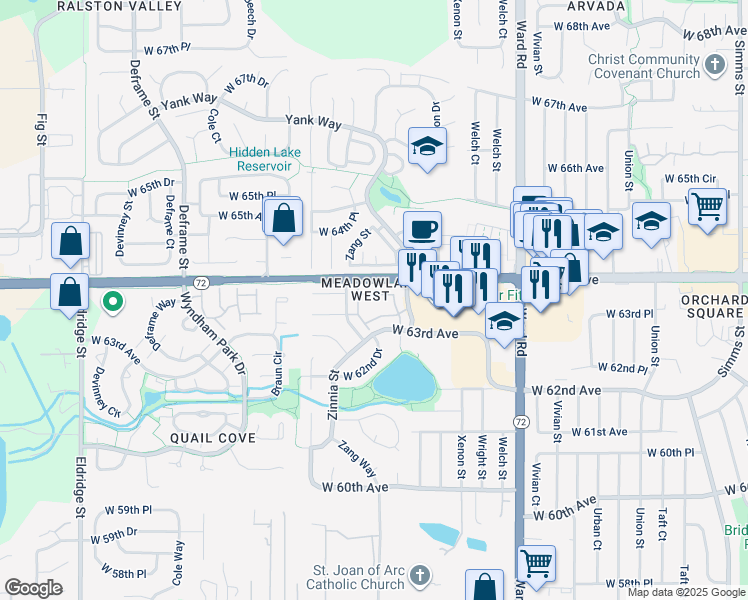 map of restaurants, bars, coffee shops, grocery stores, and more near 13015 West 63rd Circle in Arvada
