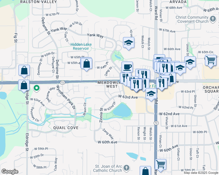 map of restaurants, bars, coffee shops, grocery stores, and more near 13015 West 63rd Circle in Arvada