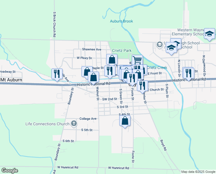 map of restaurants, bars, coffee shops, grocery stores, and more near 319 West Church Street in Cambridge City