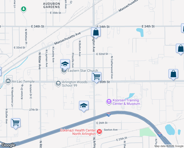 map of restaurants, bars, coffee shops, grocery stores, and more near 3007 North Campbell Avenue in Indianapolis