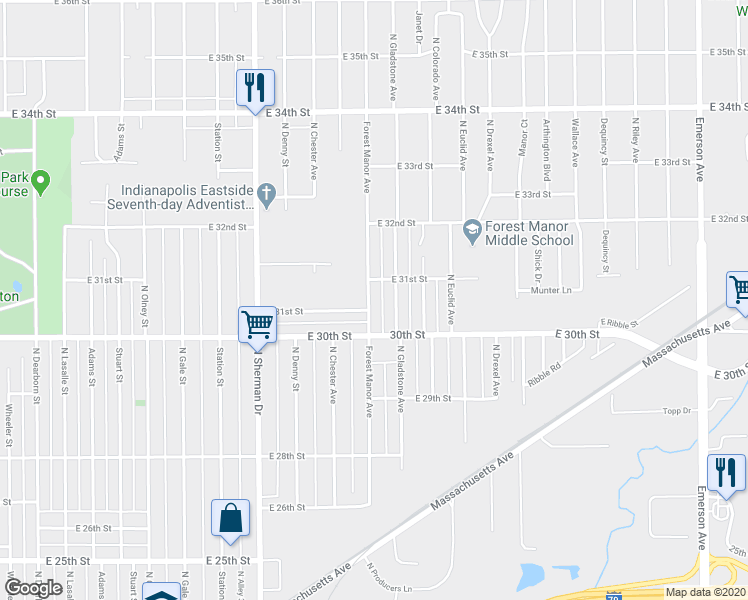 map of restaurants, bars, coffee shops, grocery stores, and more near 3018 North Gladstone Avenue in Indianapolis