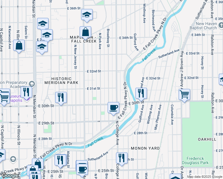 map of restaurants, bars, coffee shops, grocery stores, and more near 3032 North College Avenue in Indianapolis