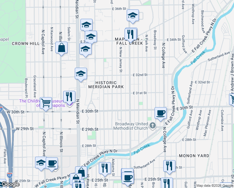 map of restaurants, bars, coffee shops, grocery stores, and more near 3042 North New Jersey Street in Indianapolis