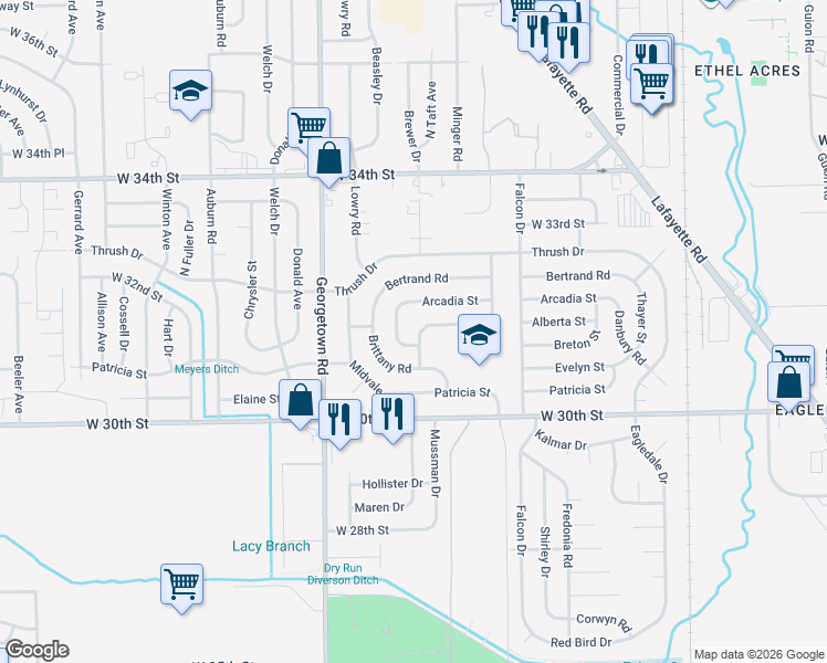 map of restaurants, bars, coffee shops, grocery stores, and more near 3106 Keswick Road in Indianapolis