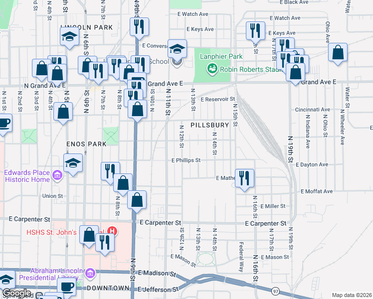 map of restaurants, bars, coffee shops, grocery stores, and more near 1201-1299 East Phillips Street in Springfield