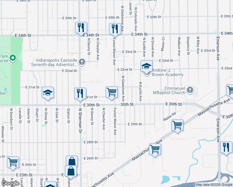 map of restaurants, bars, coffee shops, grocery stores, and more near 3018 North Gladstone Avenue in Indianapolis