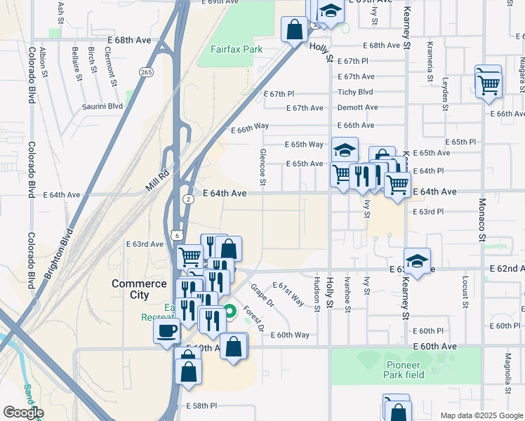 map of restaurants, bars, coffee shops, grocery stores, and more near 4964-5298 East 64th Avenue in Commerce City