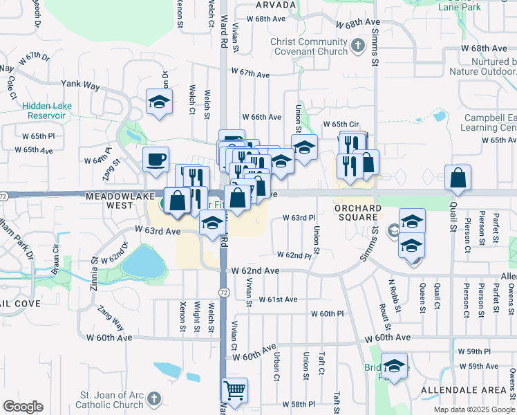 map of restaurants, bars, coffee shops, grocery stores, and more near 12161 West 63rd Place in Arvada