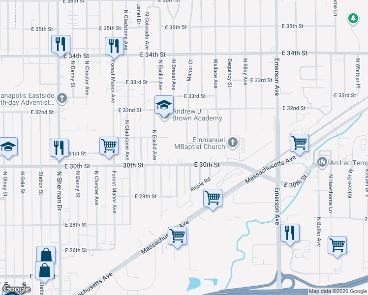 map of restaurants, bars, coffee shops, grocery stores, and more near 4710 East 30th Street in Indianapolis