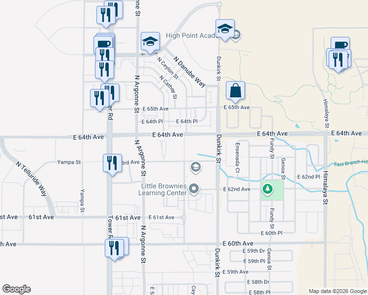 map of restaurants, bars, coffee shops, grocery stores, and more near 18631-18905 East 64th Avenue in Denver